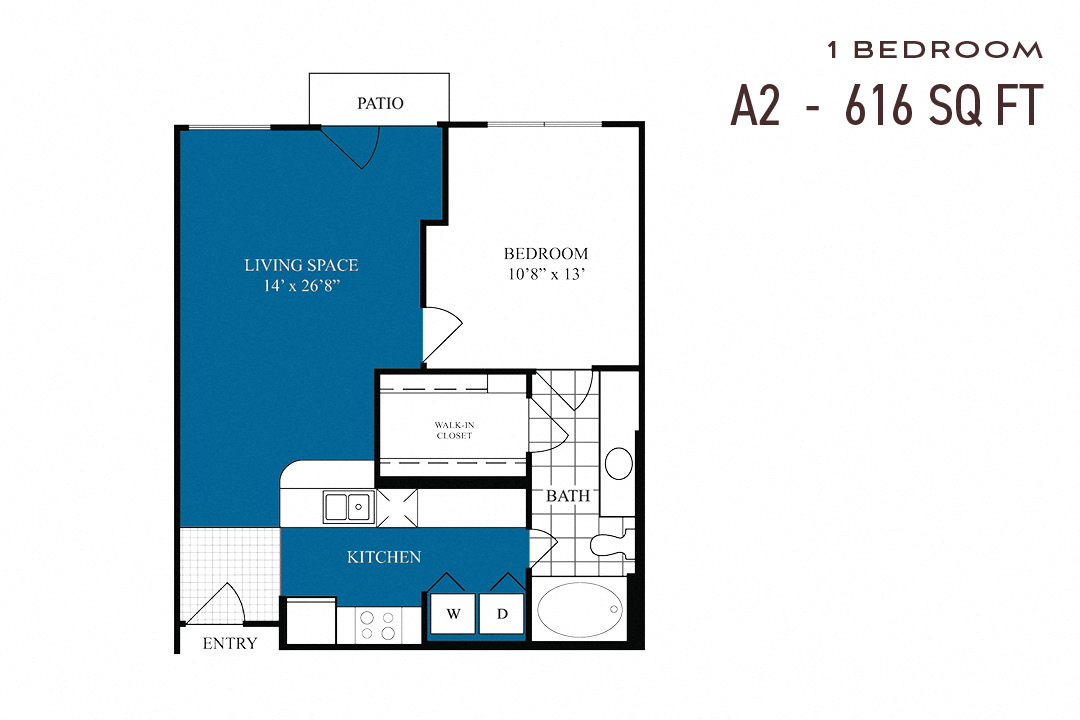 Floor plan for 1 bed, 1 bath, 616 sqft